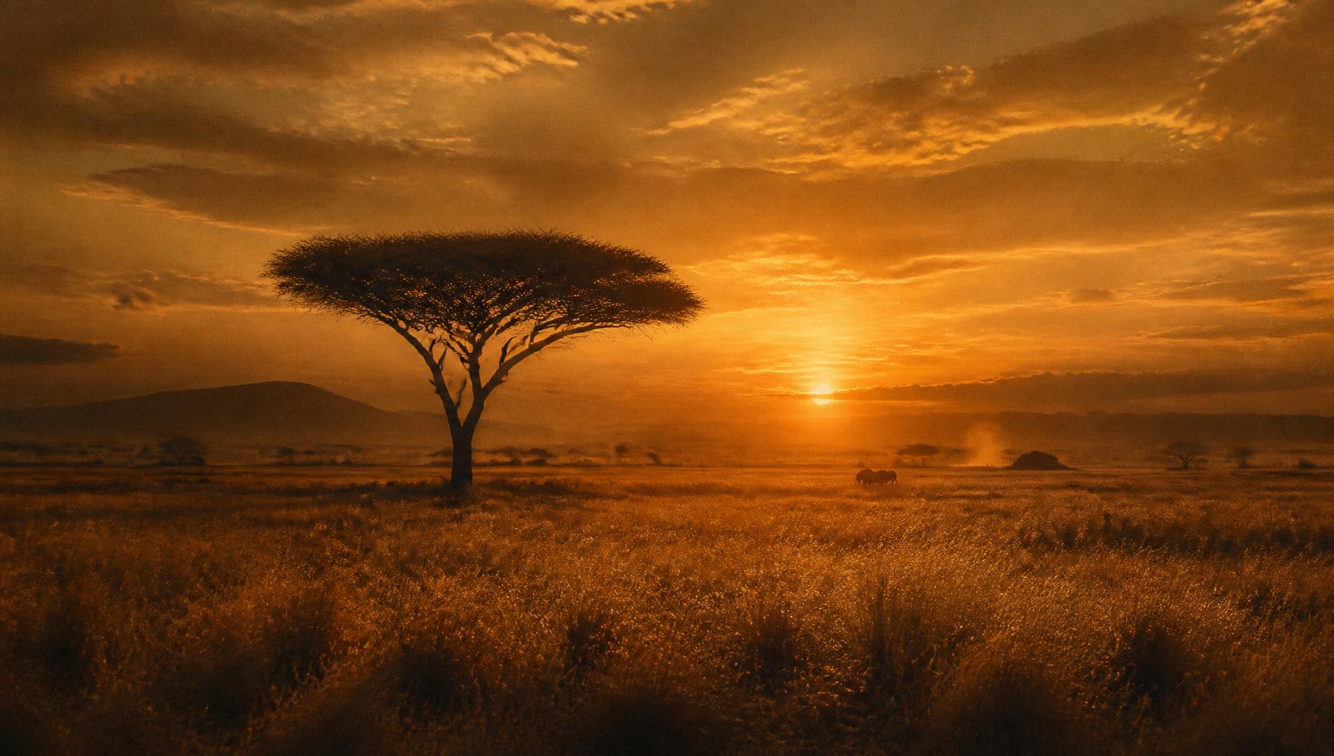 Open golden grassland at dusk with a single tree on the horizon.