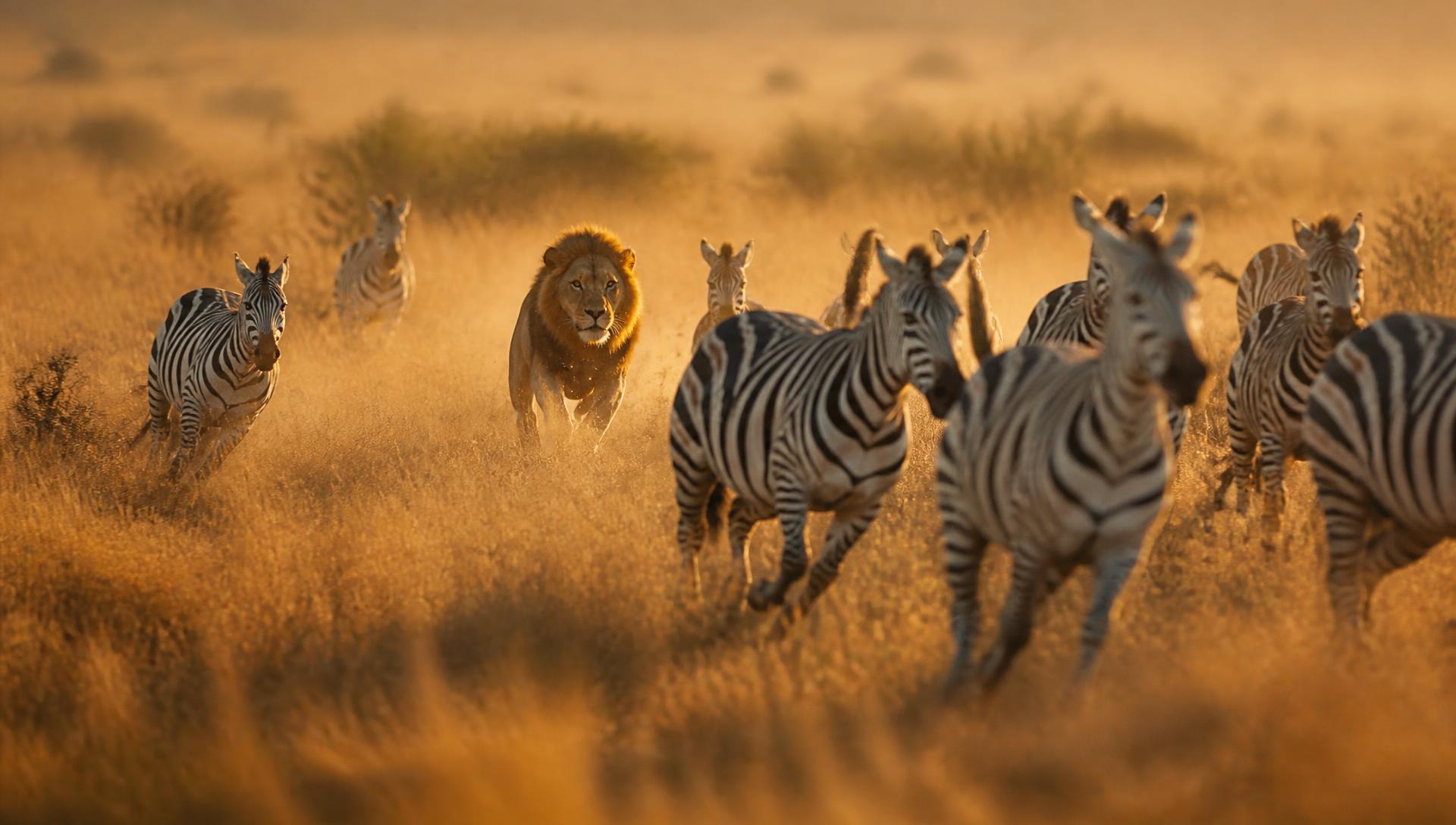 A lion running in pursuit behind a herd of zebras across open golden grassland at low sun, dust in the air.